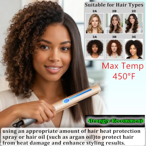 Image of NITION Ceramic Tourmaline Hair Straighteners LCD Flat Iron MCH 10s Fast Heating Up. 1 inch Smooth 3D Floating Plate Healthy Straightening Tools. Heat-Proof Glove. Dual Voltage Travel. Champagne Gold