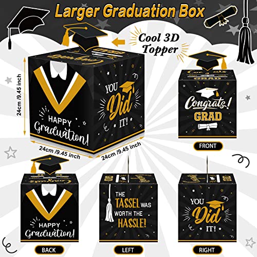 Image of Funrous Large 2026 Black and Gold Graduation Card Box with 30 Pcs Advice Card Gift Money Box Congrats Grad 3D Cap Top Holder Class of 2026 Party Decorations College Graduation Supplies