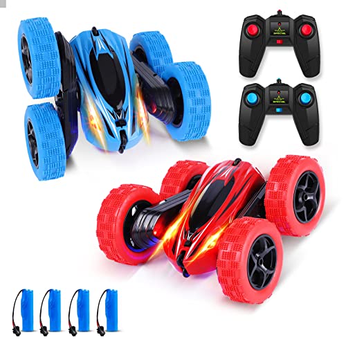 FunsLane 2 Pack Remote Control Stunt Car for Kids, 2.4 GHz Double Sided 360Â°Rotating 4WD Off Road Tumbling High Speed RC Trucks Race Drift Car, 3D Deformation Car, Great for Kids, Blue and Red