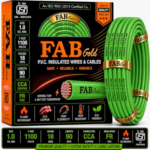 Image of 1.0 sqmm Single Core Copper Electrical Wire, 90 Meter (Green) | Heat Resistant & Flame Retardant (FR) | Lead-Free LSH House Wire for Home & Industrial Use