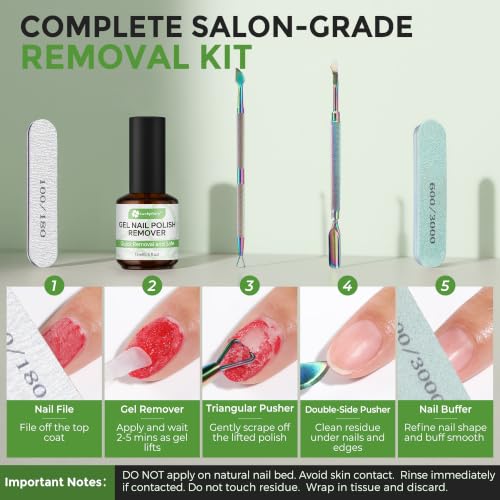 Image of Gel Nail Polish Remover: 5Pcs Gel Polish Remover Kit for Nails, Acetone-free Easy Quick Nail Polish Remove in 2-5 Minutes, No Need to Soak or Wrap, Professional Nail Remover Kit Tools