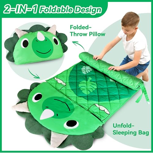 Image of iPlay, iLearn Kid Sleeping Bag, Dinosaur Slumber Sack, Toddler Boy Nap Mat, 2 in 1 Green Dinos Cushion Blanket, Happy Travel Sleepover Daycare Preschool Birthday Gift for 3 4 5 6 Years Old Child