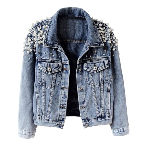 FantasyGears Women's Jeans Jacket Rhinestone Pearl Denim Jacket Embroidered Oversized Plus Size Jacket Streetwear