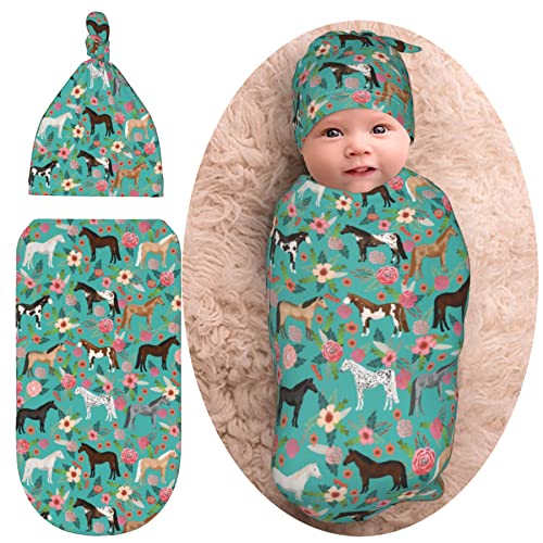 Image of Horse Flower Newborn Baby Swaddle Blanket Baby Stuff Soft and Stretchy Wrap Baby Swaddle Sack for Infant Boy Girl Gifts with Beanie Hat Sets