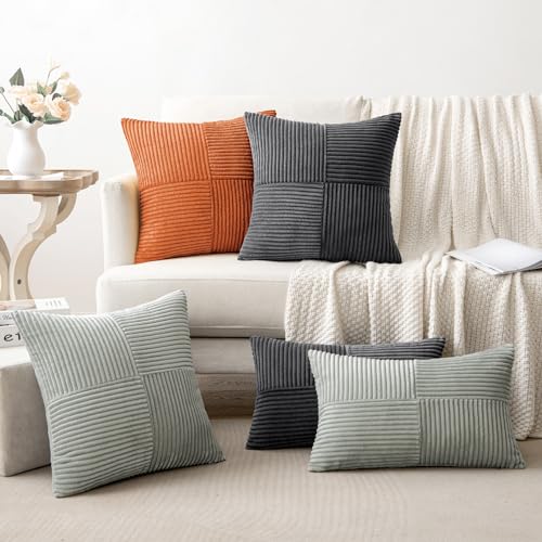 Image of MIULEE Silver Grey Decorative Lumbar Throw Pillow Covers 12x20 Inch for Couch Bed Sofa Pack of 2 Boho Farmhouse Throw Pillows Soft Cross Corduroy Patchwork Textured Cushion Cases