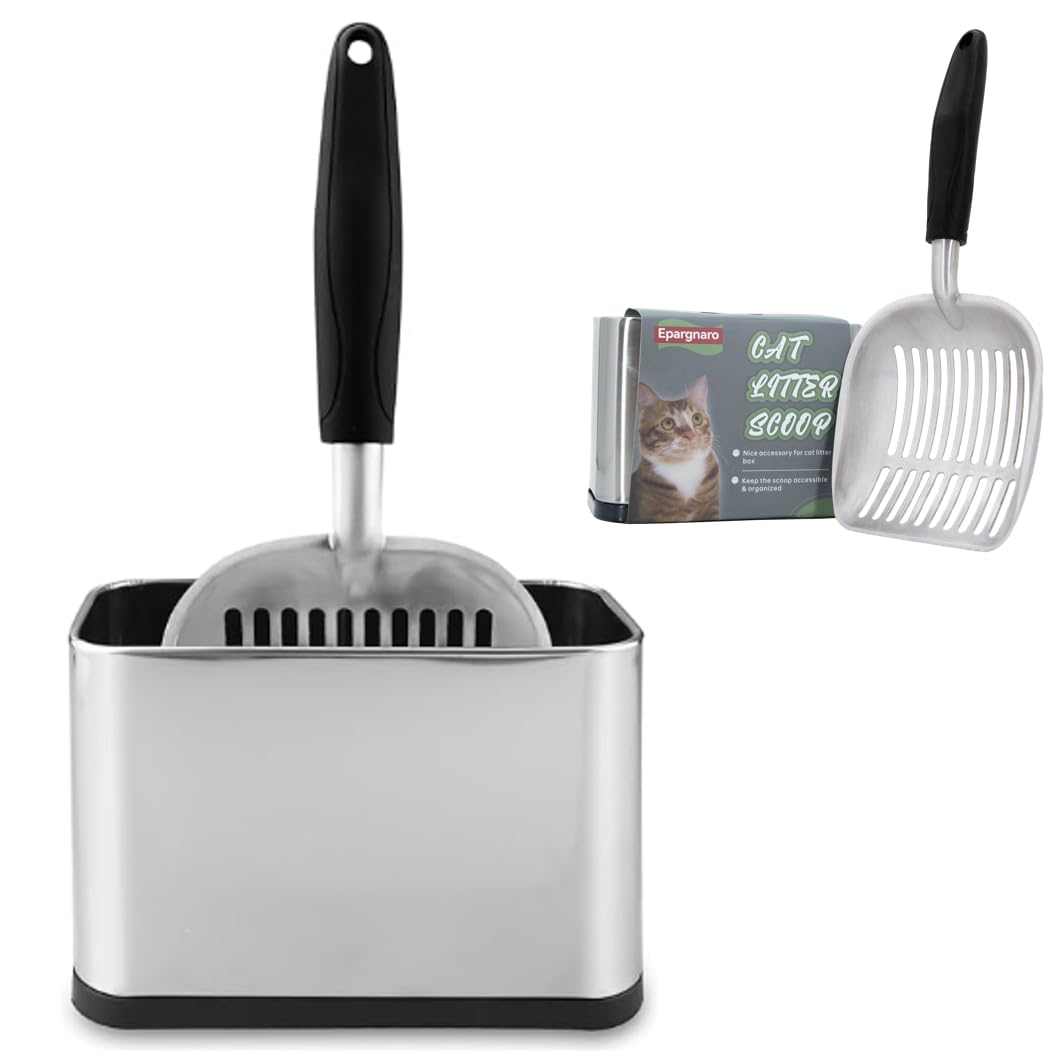 Heavy Duty Cat Litter Scoop with Holder - All Metal Cat Litter Scooper with Stainless Steel Holder - Speed Sifter Litter Box Scooper Captures All Clumps
