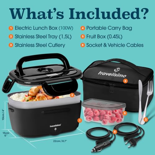 Image of TRAVELISIMO Electric Lunch Box for Adults 100W Heated Lunch Box For Men 1.5L Stainless Steel Portable Food Warmer, 12 /24 /110V for Travel & Work, Loncheras Electricas Para Calentar almuerzo
