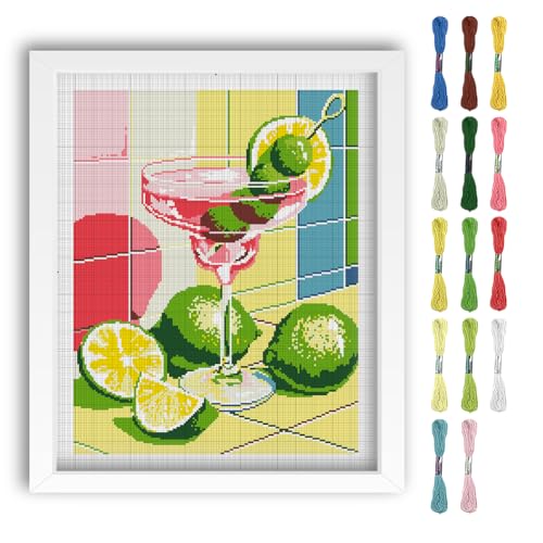 Image of FREEBLOSS 11CT Cocktail Stamped Cross Stitch Kits Full Embroidery Kits with Instruction Cross Stitch Wall Hanging Kit for Needlepoint Adults Wall Art Decoration 16x20in /40x50cm