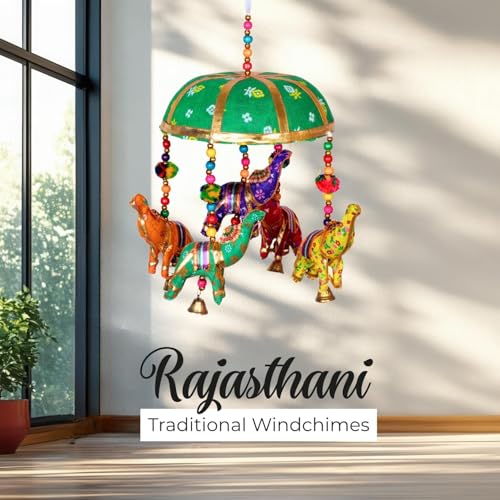 Image of Rajasthani Multicolor Elephants Jhoomer with Bell - Decorative Wind Chimes for Door & Wall Hanging, Ideal Home Decor & Gift Showpiece (Green)