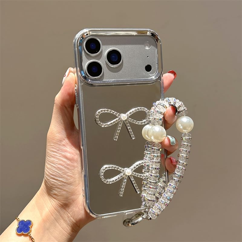 Mirror Case for Realme P4 5G Case,Cute Bow Design Women Girls Aesthetic Bling Glitter Diamond TPU Bumper Shockproof Protective Phone Cover with Pearl Bracelet-Silver