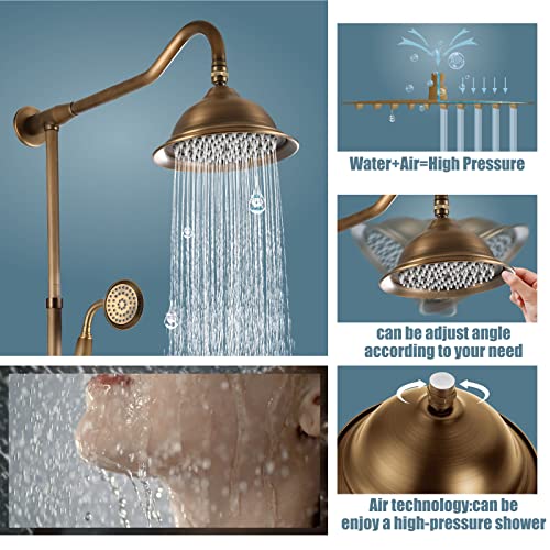 Aolemi Antique Brass Shower Faucet Set With Hand Sprayer And Tub Spout 12 Inch Extension Tube Included Bathroom 8 Inch Rain Shower Head System Wall Mount 3 Functions Double Cross Handle #TOP3