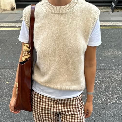 Image of Miqil Women Comfy Sweater Vest Casual Sleeveless Ribbed Knit Vest Trendy Crew Neck Knitted Pullover Tank Top Streetwear