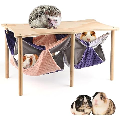 HOSUKKO Guinea Pig Hideout Double Hammock with Stand for Ferrets, 2PCS Hanging Soft Sleeping Bed with Large Durable Wooden Stand for Small Animals Hiding Sleeping Playing Cover