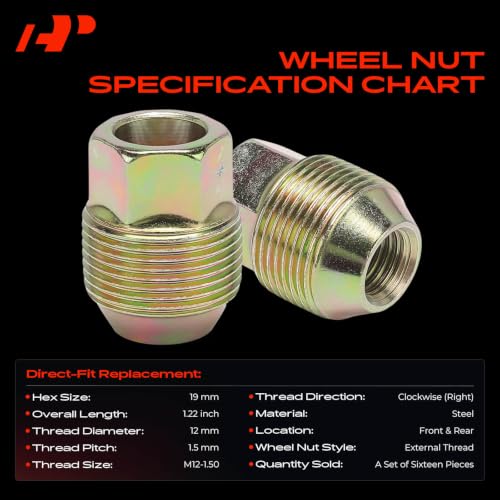 Image of A-Premium Front & Rear M12-1.50 Wheel Lug Nuts, Set of 16 | Fit For Chevrolet Aveo 2005-2011, Aveo5 2006 /2011 & Pontiac G3 2009-2010, GWave 2009, Wave 2005-2008, Wave5 2005-2007