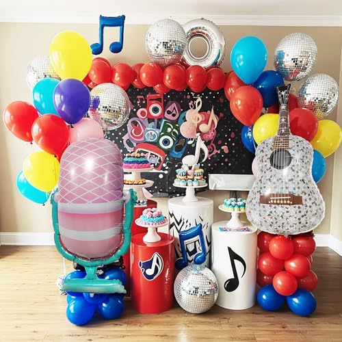 Image of Music Theme Era's Party Balloon Set - 33 Pieces Guitar Disco Ball Microphone and Music Notes Foil Balloons for Music Events Swiftie Party and Birthday Party Decorations - Colorful Latex Balloons
