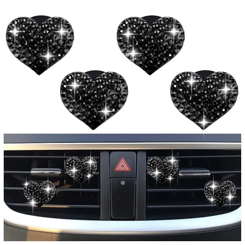 4PCS Heart-Shaped Car Vent Clips with Rhinestone Bling Air Vent Clips Car Decorations Premium Shiny Car Clips for Vents Accessories Interior (Black)