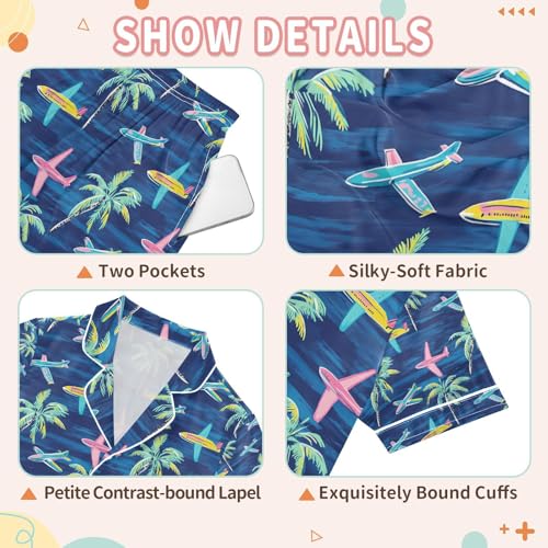 senya Airplane Palm Trees A Satin Summer Pajama Sets Silk Short Sleeve Button Down Sleepwear3