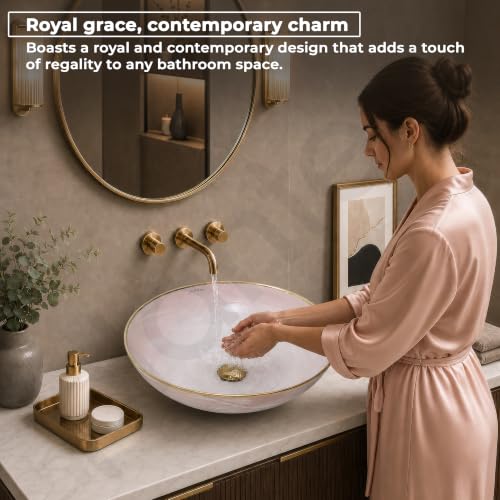 Image of Plantex Wash Basin /Ceramic Table Top Wash Basin /Designer Countertop Basin for Bathroom /Restaurants /Hotel (Pink & Gold - 16.5 x 16.5 x 4 Inch)