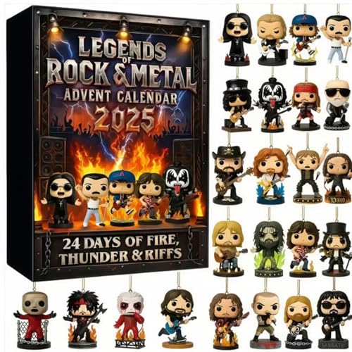 Calendario de Adviento 2025 para leyendas de la música rock and roll metal, calendario de cuenta regresiva de metal pesado de 24 días con personajes musicales icónicos coleccionables y regalos de