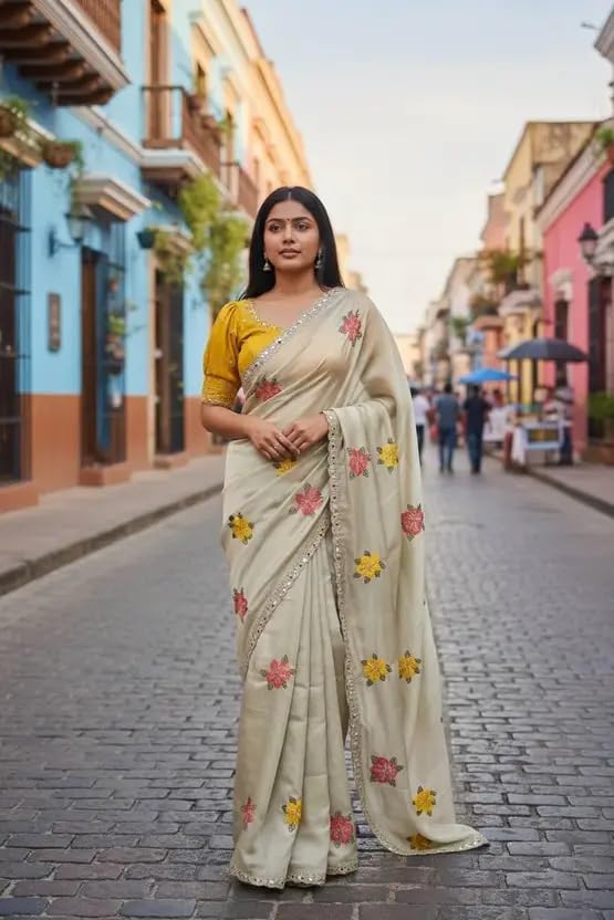 Image of Embroidered Floral Saree, Beige with Pink and Yellow Flowers, Sequin Border, Traditional Indian Wear