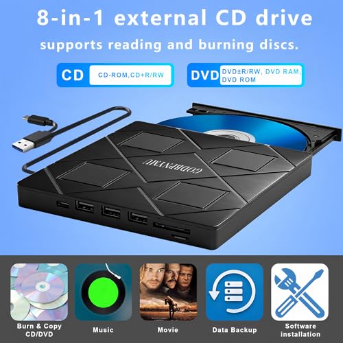 Image of 8-in-1 Extemal CD /DVD Drive for Laptop,USB 3.0 & Type-C Portable CD /DvD Burner with SD /TF Card Reader DVD Player with Carrying Case Compatible with Laptop PC, MacBook Pro /iMac Windows 11 /10 /8 /7 Linux