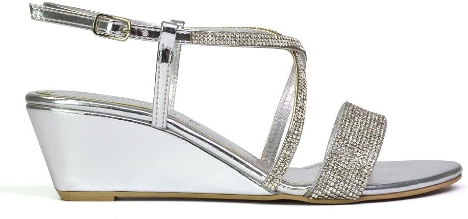 ESSEX GLAMWomens Low Heel Wedge Sandals Ladies Slingback Diamante Straps Shoes Size 3-8