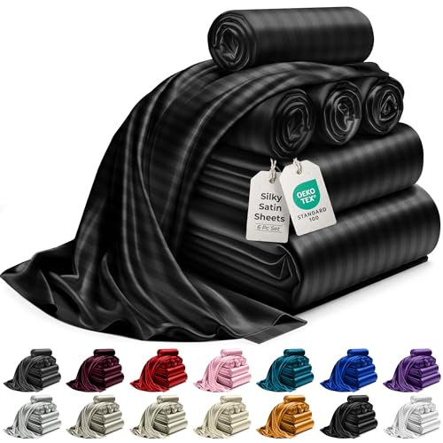DECOLURE Satin Bed Sheets - 6 Piece Luxury Silky Full Size Bedding Set - Softer Than Silk, Wrinkle-Free with 15 Deep Pocket Fitted Sheet, Perfect for Hair & Skin, Gifts for Women (Striped Black)