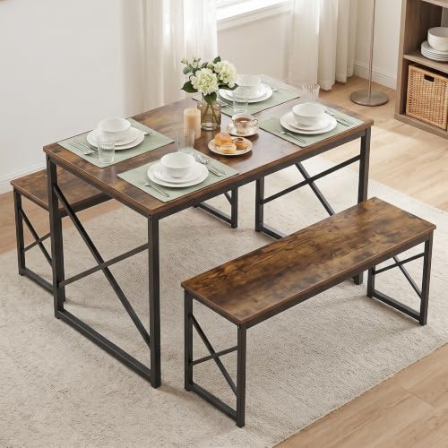 Image of VECELO 43.3 inch Kitchen Dining Table Set for 4, Heavy-Duty Steel Frame & Wood-Grain Tabletop, Space-Saving Dinette Sets with 2 Benches for Breakfast Nook and Small Space, Brown