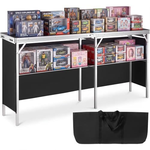 Image of VEVOR Extra Long Folding Portable Bar Tradeshow Podium Table for Indoor, Outdoor, Party, Picnic, Exhibition, Includes Carrying Case, Storage Shelf and Black Skirt, 77.95 inch x 15.16 inch x 34.65 inch