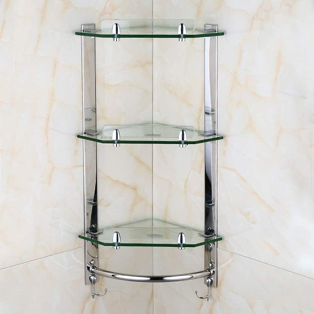 HUANGYANGZ 3-Tier Wall-Mounted Bathroom Glass Shelf Organizer Tempered Glass Shower Caddy with Stainless Steel Frame