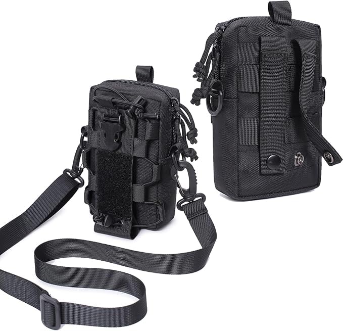 Tactical 2-in-1 Phone Pouch & Water Bottle Holder, MOLLE Compatible EDC Utility Bag, Adjustable Crossbody Waist Pouch for Outdoor Hiking Camping Fishing, 10x5x17cm (Black)