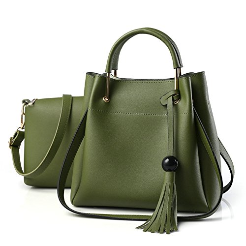 OVOV Damen 2 Stück Retro Tote Bag PU Leder Schultertasche Crossbody börse Handtaschen Set, Grün (Army Grün), Medium Cover