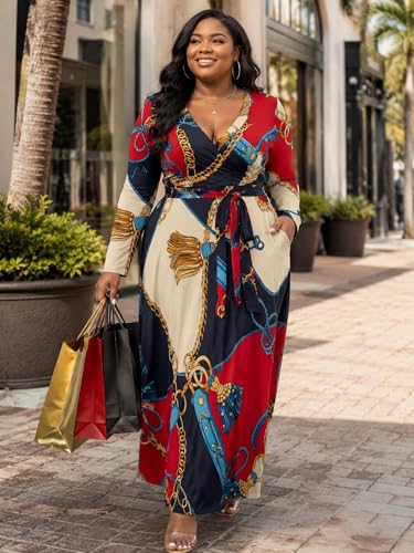 Image of PinkPatty Women's Long Sleeve Maxi Dress Plus Size Trendy Wedding Guest Dress with Pockets&Belt