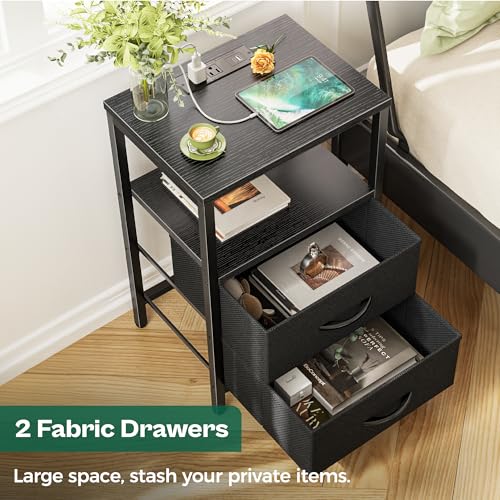 Image of Huuger Nightstand with Charging Station, Side Table with Fabric Drawers