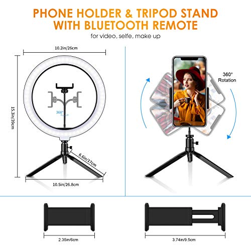 10.2" Ring Light with Stand & Phone Holder and Remote Control, Dimmable Desk Makeup Selfie LED RingLight Perfect for Live Streaming/YouTube/Video Recording/Photography, Compatible with iPhone/Android