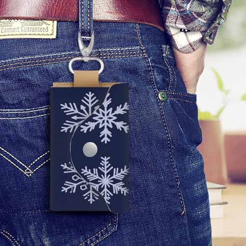 Snowflakes Simple Navy Blue Key Holder Bag PU Leather ID Card Holder Keychains Case Cover for Men Women4