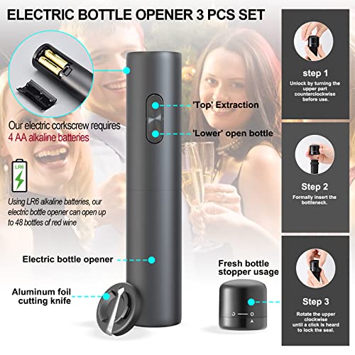 Wine Opener, Jeksstb Electric Wine Bottle Opener Set, With Aluminum Foil Cutter, Fresh Bottle Stopper, Automatic Bottle Opener, Gift 3-In-1 Set For Wine Lovers (Black) #TOP3