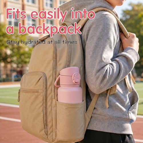 Image of GOPPUS Kids 12oz Insulated Stainless Steel Water Bottle, Leakproof Vacuum Tumbler with Carry Handle, Fits Cup Holders, Reusable Water Bottle for School Outdoor, Boys & Girls(Pink)