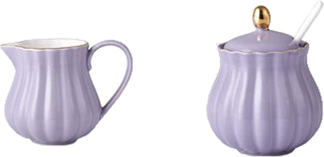 Porcelain Creamer and Sugar Set with Lid Pumpkin Fluted Shape Coffee Serving Set Milk Pitcher 220cc/7.4oz Suitable for Coffee and Tea Stainless Steel Double Insulated Gr (Purple)
