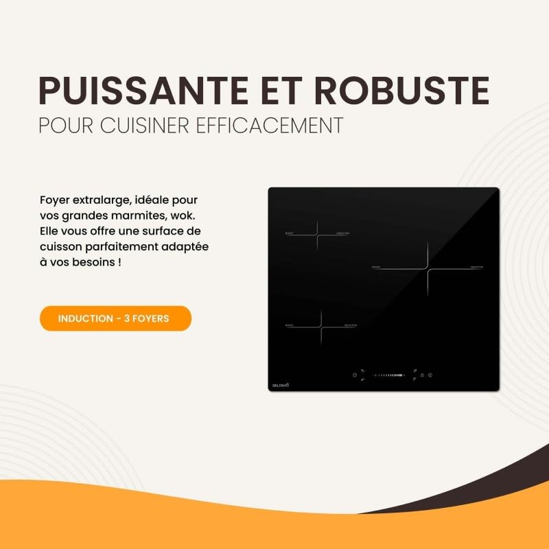 Plaque Induction 3 Feux Encastrable avec Slide Control BELDEKO - 7200W avec Booster - 10 Niveaux de Puissance - Fiable et Robuste - Minuteur, Touches Tactiles, Anti-Débordement