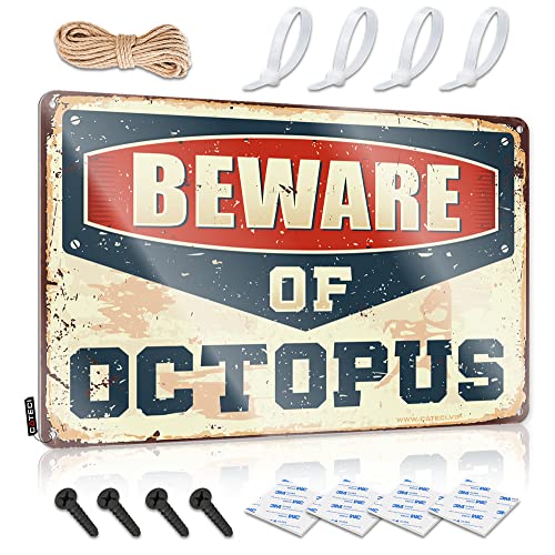Décoration murale métal Beware of Octopus plaque vintage 30 x 40 cm pré-percée