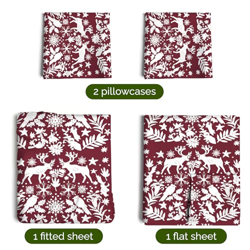 Queen Christmas Nordic Sheet Set - Holiday Xmas Pattern Bedding Set - Deep Pockets - Snug Fit - 4 Piece - Wrinkle Free - Comfy & Cooling Festive Winter - Holiday Sheets for Women, Men, Kids & Teens