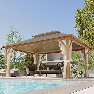 MELLCOM 12x16FT Hardtop Gazebo,Wooden Finish Coated Aluminum Patio Gazebo with Aluminum Composite Double Roof for Patio Lawn and Garden, Curtains and Netting Included