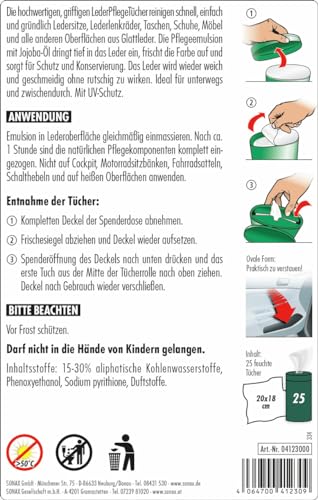 SONAX LederPflegeTücher Box (25 Stück) reinigen schnell, einfach und gründlich alle Oberflächen aus Glattleder | Art-Nr. 04123000