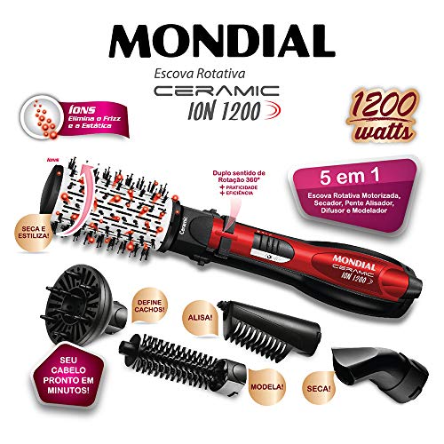 Escova Rotativa Ceramic Ion 1200W, Mondial, ER-05, Preto/Vermelho