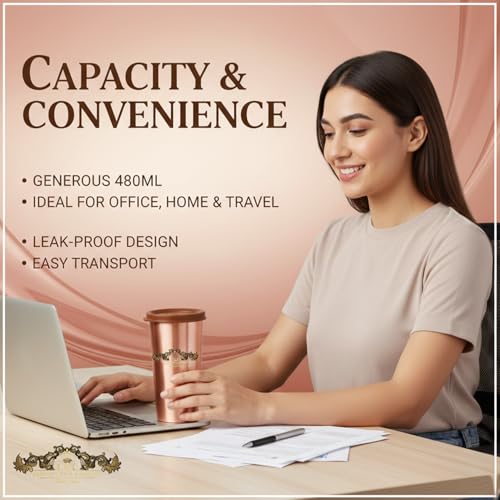 Image of cWc Copper Water Tumbler with Lid, 480ml | 100% Pure Copper Drinking Glass | Leak-Proof, BPA-Free | Ayurvedic Water Storage Cup for Daily Hydration | Office, Travel & Home Use