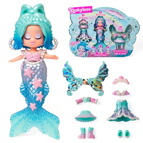 KOOKYLOOS Fairytale Mix & Match, Pearl – Muñeca 3 en 1 de temática fantasía. Contiene 1 muñeca, 1 Outfit de Princesa, 1 Outfit de Sirena y 1 Outfit de Hada