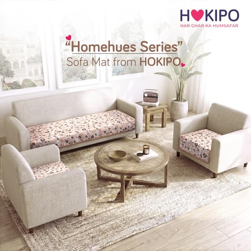 Image of HOKIPO 'Homehues Series' Printed Quilted Sofa Cover Mat for 5 Seater Set - Light Peach Candytuft (IN-806 * 2 + IN-809 - D6)