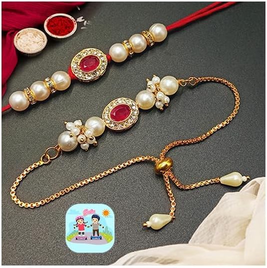CraftVatika Rakhi Combo Set for Brother and Bhabhi Premium Lumba Floral Rakhi Kundan Bracelet for Bhaiya Men Bhabhi Women Raksha Bandhan Couple Pearl Set of 2 for Unisex Adult