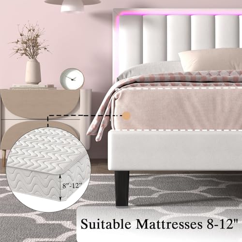 Smart LED Upholstered Full Size Bed Frame with Double Headboard – Heavy Duty, Noise-Free, Easy Assembly, No Box Spring Needed, White